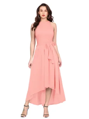 Generic Women's Polyster Solid Halter Neck Sleeveless Dress (Peach)