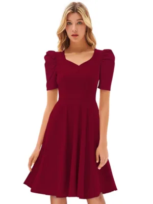 Generic Women's Knitting stretchable Solid V Neck Cap Sleeve Dress (Maroon)