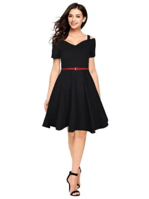 Generic Women's Polyester Solid V Neck Cap Sleeve Dress (Black)