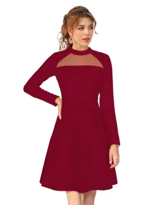 Generic Women's Knitting stretchable Solid Round Neck Full Sleeve Dress (Maroon)