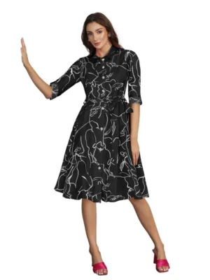 Generic Women's Ruby Cotton Printed Shirt Collar 3-4th Sleeve Dress (Black)