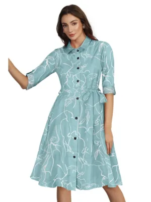 Generic Women's Ruby Cotton Printed Shirt Collar 3-4th Sleeve Dress (Pista)