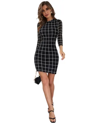 Generic Women's Polyester Solid High Neck Full Sleeve Dress (Black)