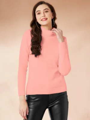 Generic Women's Polyester Solid High Neck Full Sleeve T-Shirt (Peach)