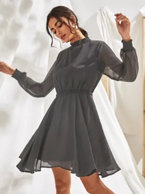 Generic Women's Fox Georgette Solid High Neck Full Sleeve Dress (Grey)