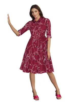 Generic Women's Ruby Cotton Printed Shirt Collar 3-4th Sleeve Dress (Maroon)