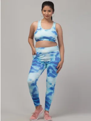 Generic Women's Polyester Spandex Printed Ankle Length High Rise Slip On Tights and Bra Set (Blue)