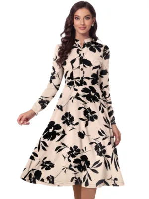 Generic Women's Knitting Printed V-Neck Full Sleeve Dress (Cream)