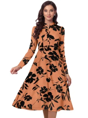 Generic Women's Knitting Printed V-Neck Full Sleeve Dress (Orange)
