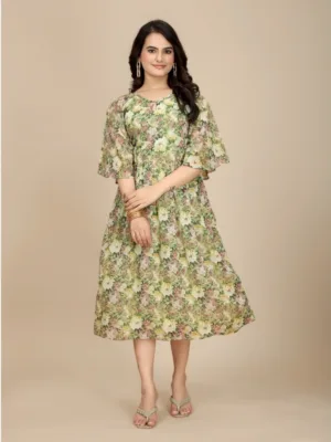 Generic Women's Georgette Printed Round Neck Short Sleeve Dress (Green)