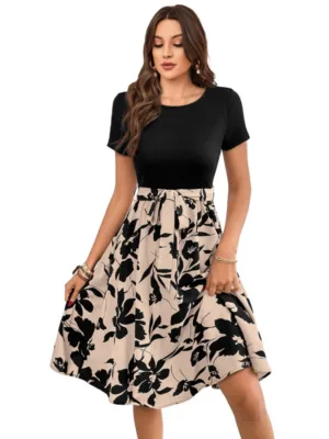 Generic Women's Knitting Printed Round Neck Short Sleeve Dress (Cream)