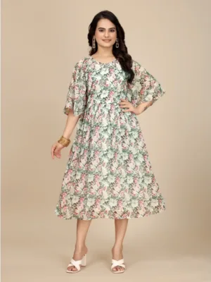 Generic Women's Georgette Printed Round Neck Short Sleeve Dress (Pink)