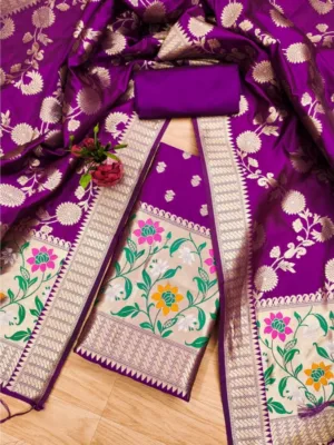 Generic Women's Banarasi Silk Printed Unstitched Salwar Suit Material With Dupatta (Purple, 3Mtrs)