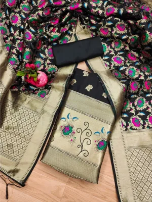 Generic Women's Banarasi Silk Printed Unstitched Salwar Suit Material With Dupatta (Black, 3Mtrs)