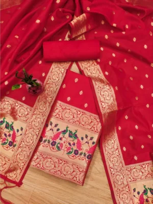 Generic Women's Banarasi Silk Printed Unstitched Salwar Suit Material With Dupatta (Red, 3Mtrs)