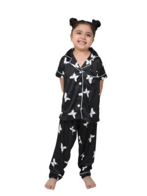 Generic Girl's Silk Bleand Printed Short Sleeve Night Suit Set (Black)