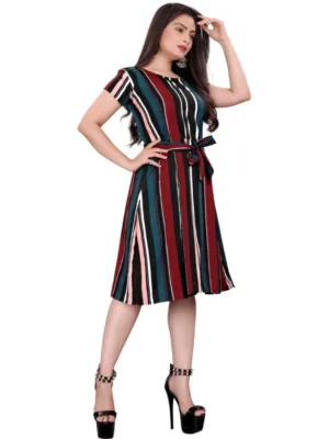 Generic Women's Crep Striped Short Sleeve Dress (Red-Blue )