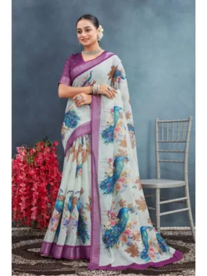 Generic Women's Linen Floral Printed Saree With Unstitched Blouse 5.5Mtr (Magenta)