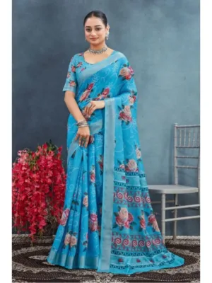 Generic Women's Linen Floral Printed Saree With Unstitched Blouse 5.5Mtr (Blue)