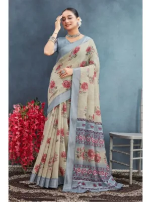 Generic Women's Linen Floral Printed Saree With Unstitched Blouse 5.5Mtr (Beige)