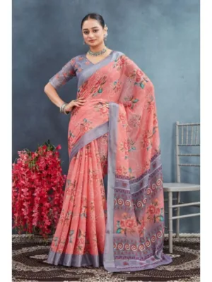 Generic Women's Linen Floral Printed Saree With Unstitched Blouse 5.5Mtr (Peach)