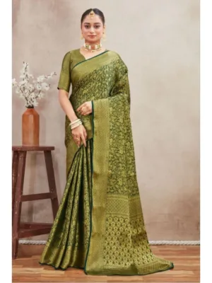 Generic Women's Silk Blend Floral Printed Saree With Unstitched Blouse 5.5Mtr (Green)