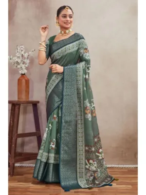 Generic Women's Crepe Silk Printed Saree With Unstitched Blouse 5.5Mtr (Green)
