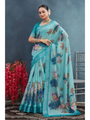 Generic Women's Linen Floral Printed Saree With Unstitched Blouse 5.5Mtr (Aqua)