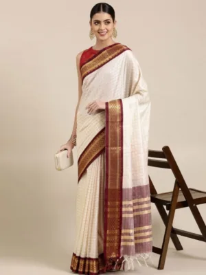 Generic Women's Cotton Silk Checkered Saree With Unstitched Blouse 5.5Mtr (Maroon)