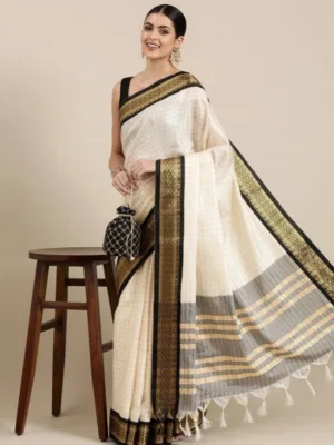 Generic Women's Cotton Silk Checkered Saree With Unstitched Blouse 5.5Mtr (Black)