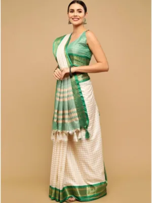 Generic Women's Cotton Silk Checkered Saree With Unstitched Blouse 5.5Mtr (Green)