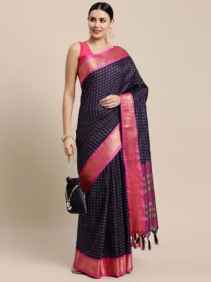 Generic Women's Cotton Silk Checkered Saree With Unstitched Blouse 5.5Mtr (Navy Blue)