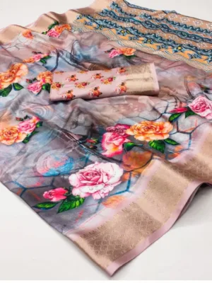 Generic Women's Cotton Silk Printed Saree With Unstitched Blouse 5.5Mtr (Multicolor)