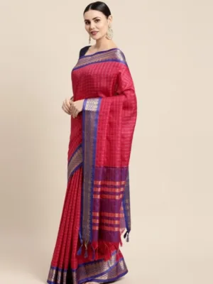 Generic Women's Cotton Silk Checkered Saree With Unstitched Blouse 5.5Mtr (Red)