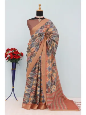 Generic Women's Mysore Silk  Digital Print Saree With Unstitched Blouse 5.5Mtr (Brown)