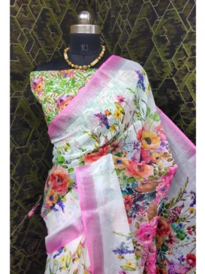 Generic Women's Cotton Linen Printed Saree With Unstitched Blouse 5.5Mtr (Pink)