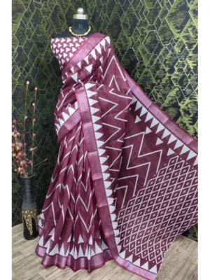 Generic Women's Cotton Linen Woven Design Saree With Unstitched Blouse 5.5Mtr (Maroon)