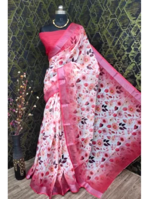 Generic Women's Cotton Linen Woven Design Saree With Unstitched Blouse 5.5Mtr (Red)