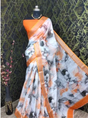 Generic Women's Cotton Linen Woven Design Saree With Unstitched Blouse 5.5Mtr (Orange)