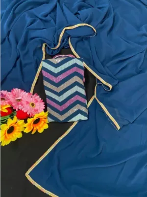 Generic Women's Fox Georgette  Solid Saree With Unstitched Blouse 5.5Mtr (Blue)