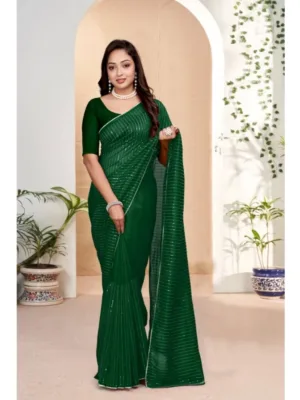 Generic Women's Vichitra Silk Striped Saree With Unstitched Blouse 5.5Mtr (Green)