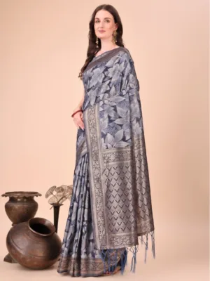 Generic Women's Cotton Printed Saree With Unstitched Blouse 5.5Mtr (Navy Blue)