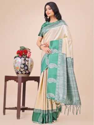 Generic Women's Lichi Silk Printed Saree With Unstitched Blouse 5.5Mtr (Cream)