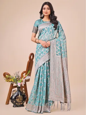 Generic Women's Linen Cotton Printed Saree With Unstitched Blouse 5.5Mtr (Teal)