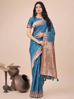 Generic Women's Linen Cotton Printed Saree With Unstitched Blouse 5.5Mtr (Blue)