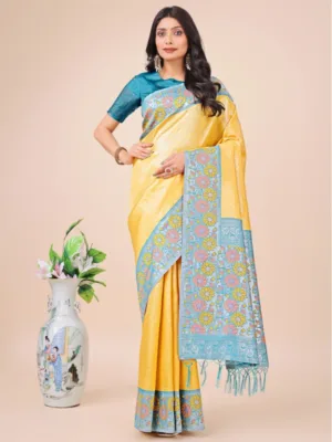 Generic Women's Lichi Silk Printed Saree With Unstitched Blouse 5.5Mtr (Yellow)