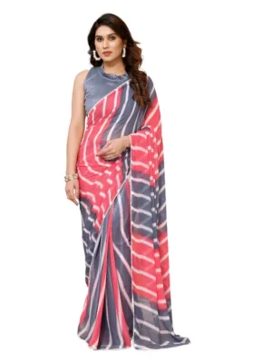 Generic Women's Small Lace Georgette Striped Ready-to-Wear Saree With Unstitched Blouse 5.5 Mtr (Pink)