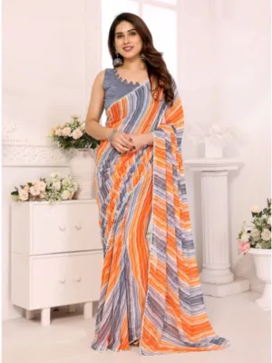 Generic Women's Small Lace Georgette Striped Ready-to-Wear Saree With Unstitched Blouse 5.5 Mtr (Grey)