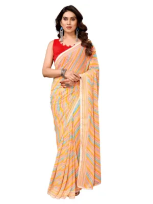 Generic Women's Small Lace Georgette Striped Ready-to-Wear Saree With Unstitched Blouse 5.5 Mtr (Yellow)