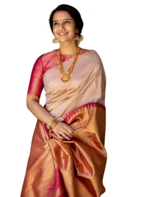 Generic Women's Silk Printed Saree With Unstitched Blouse 5.5Mtr (Cream)